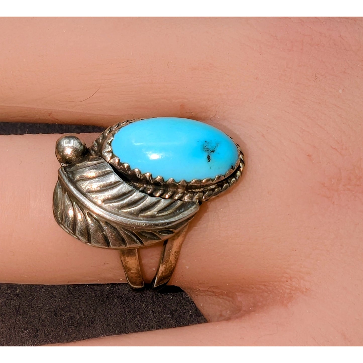 Vtg 925 Sterling Silver Southwestern Turquoise Feather Split Shank Ring Size 6.5