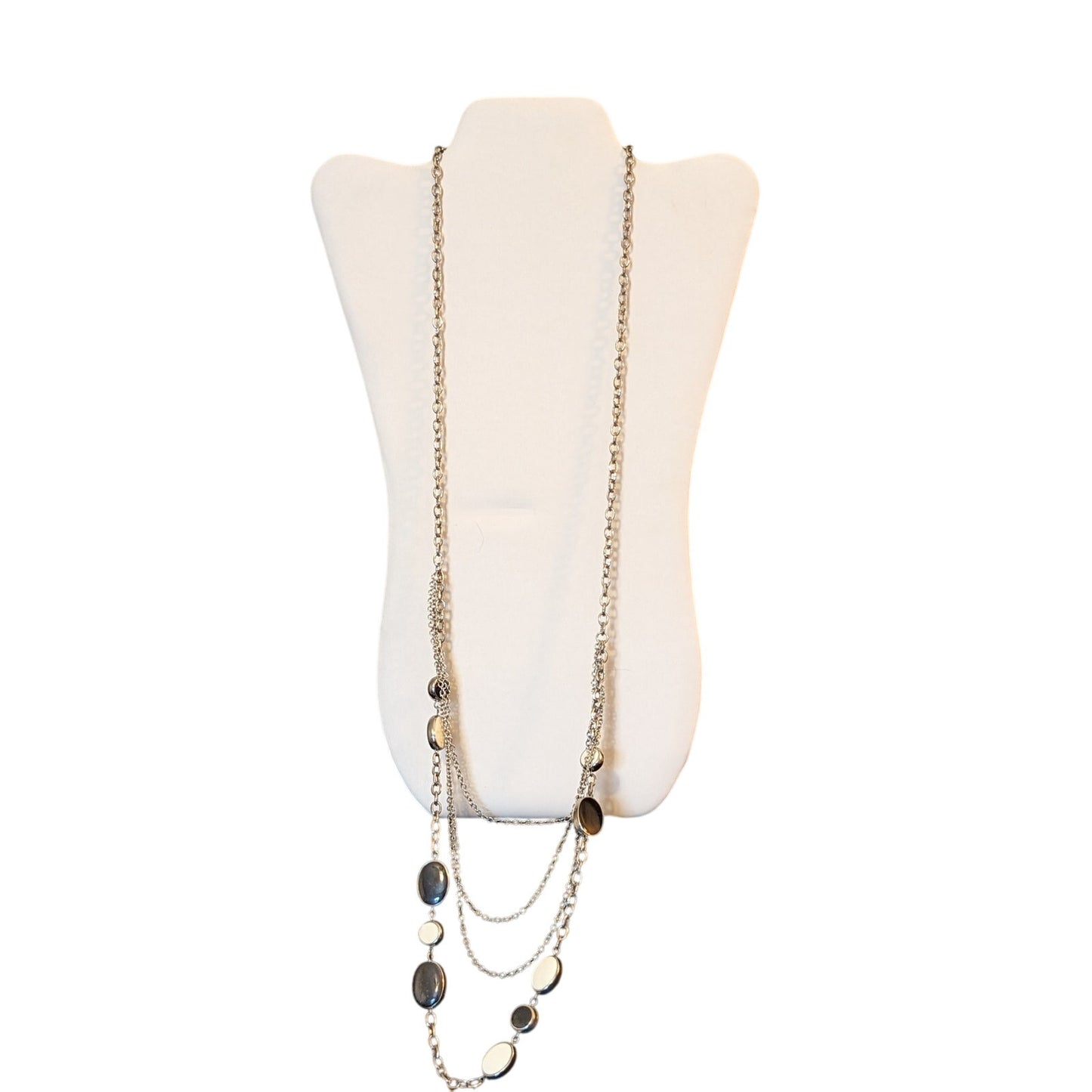 Long Silver Tone One Strand To Four Chain W/ Cream & Black Bead Necklace