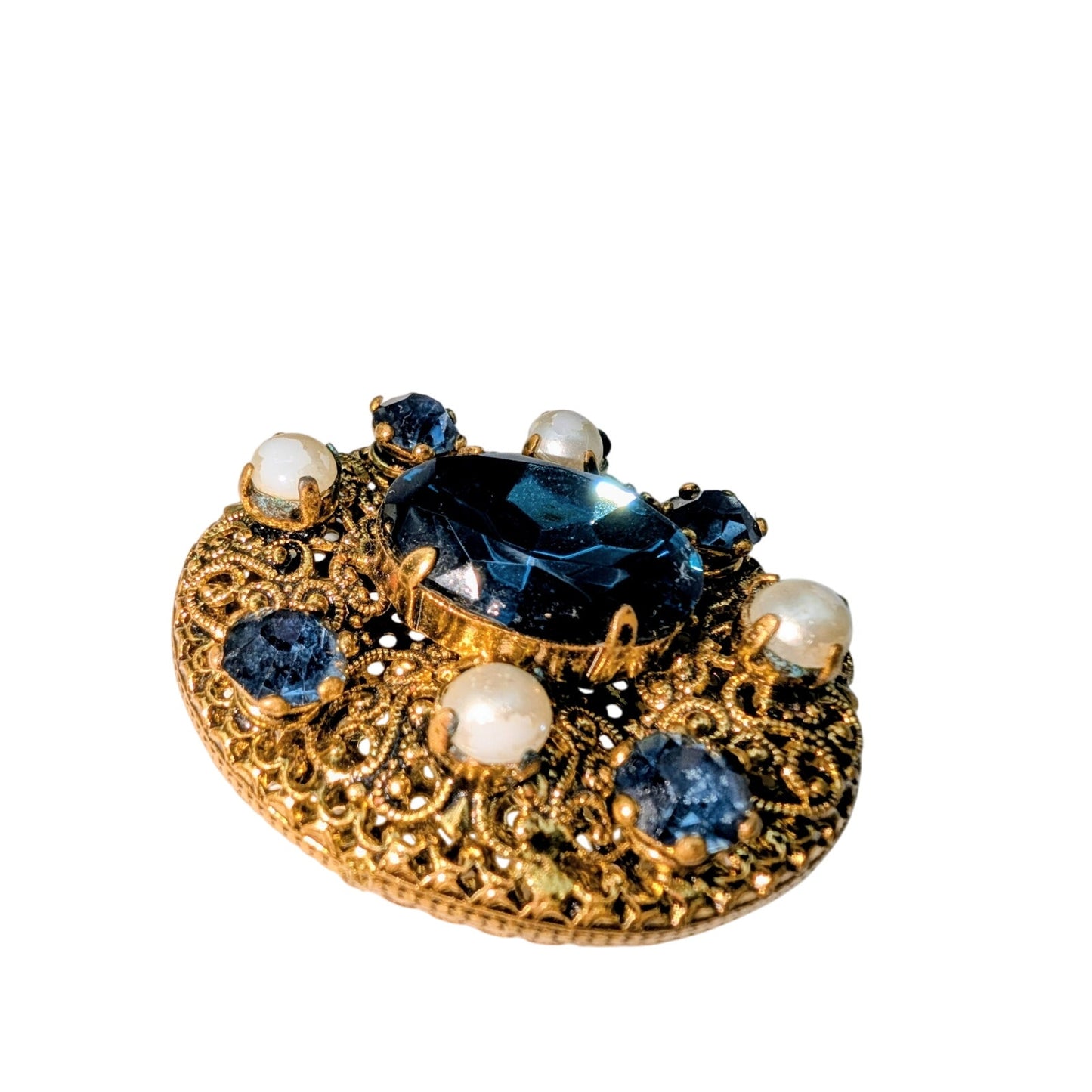 Vintage Ornate Filigree Blue Glass Stone Rhinestone Faux Pearl Gold Tone Brooch