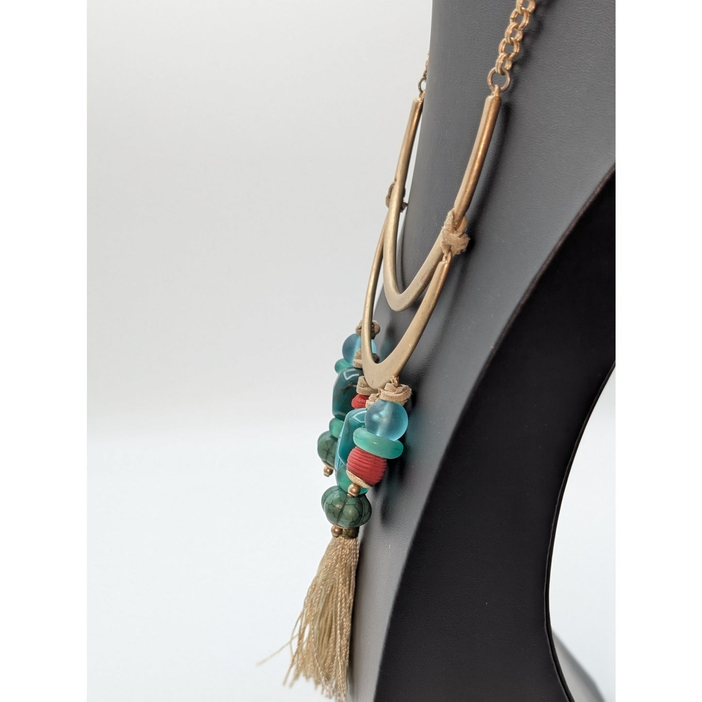 Chico's Gold Tone Faux Turquoise Coral Sea Glass Tassel Bib 15"-18.5" Necklace
