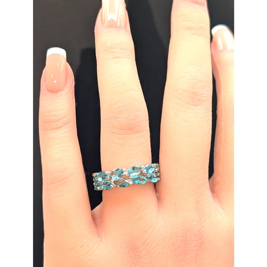 925 Sterling Silver Marquis Cut Blue Glass Eternity Band Ring Size 6.75-7