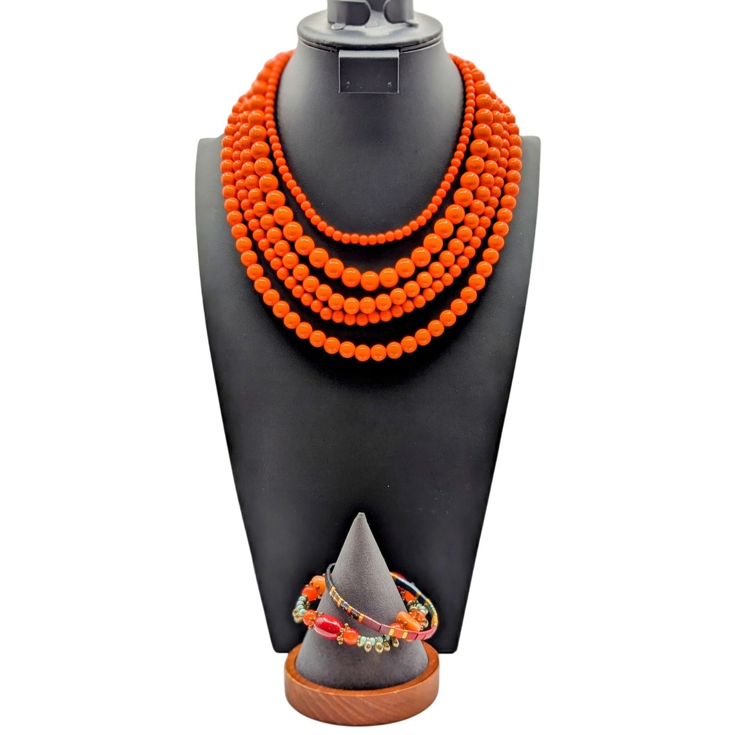 Five Strand Orange Acrylic Beaded Necklace and Three Stretch Bracelet Mixed Lot