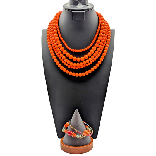 Five Strand Orange Acrylic Beaded Necklace and Three Stretch Bracelet Mixed Lot