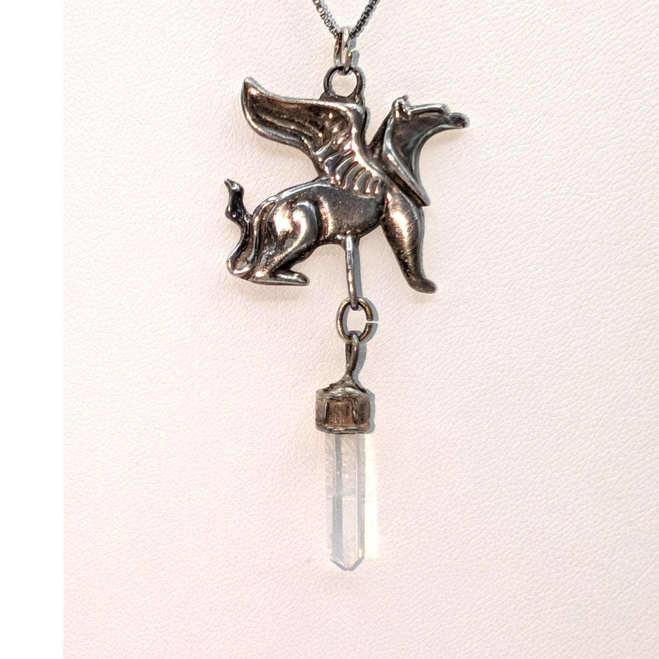 Vtg Scythian Griffin Crystal Dangle Pendant on 925 Sterling Box Chain Necklace