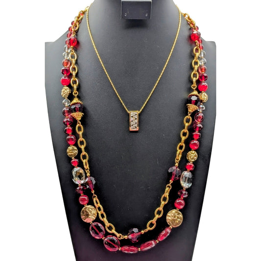 Lot of Three Coordinating Gold Tone & Red Bead Necklaces