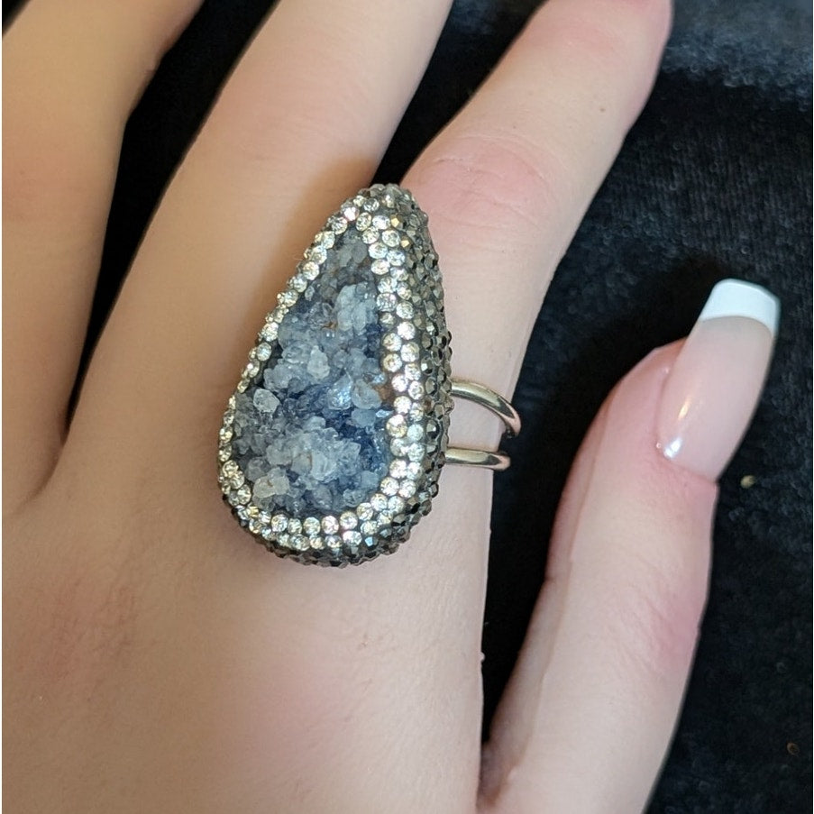Druzy Marcasite Cubic Zirconia Sterling Split Shank Adjustable Statement Ring