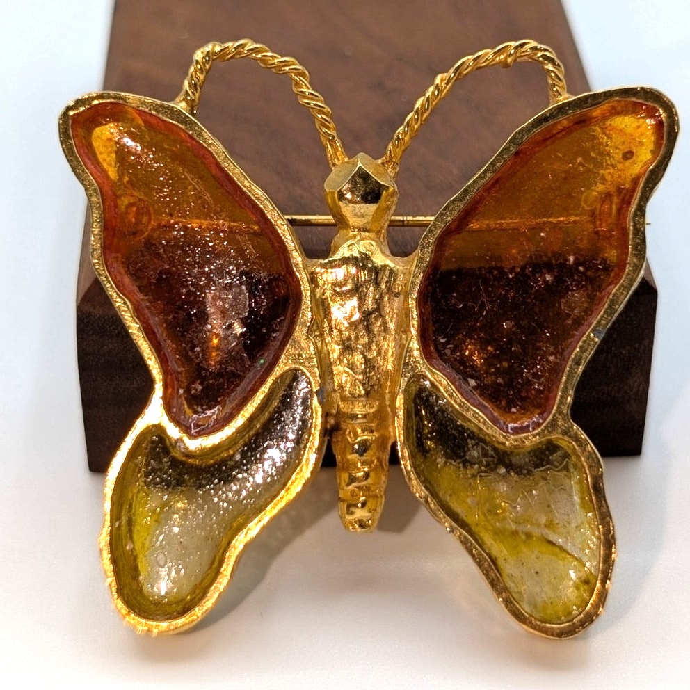 VTG Signed Mr. WE Stained Glass Resin Orange Yellow Gold Tone Butterfly Brooch