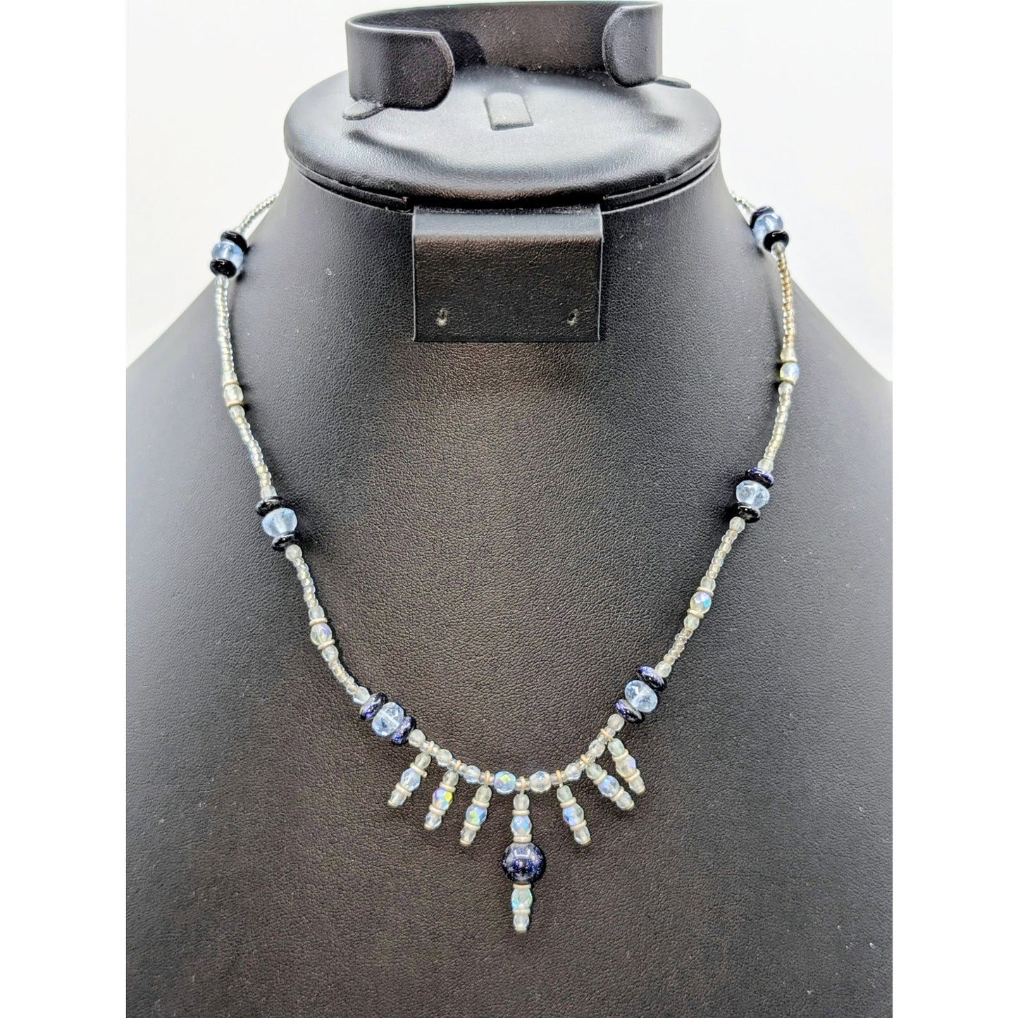 925 Sterling Silver AB Crystal Blue Goldstone Beaded 18" Necklace