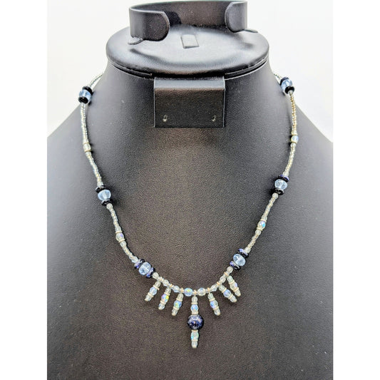 925 Sterling Silver AB Crystal Blue Goldstone Beaded 18" Necklace