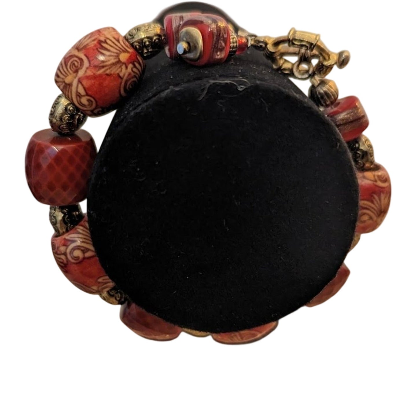 Orange Chunky Gold Tone Multi-Bead Fancy Toggle Dangle Bracelet