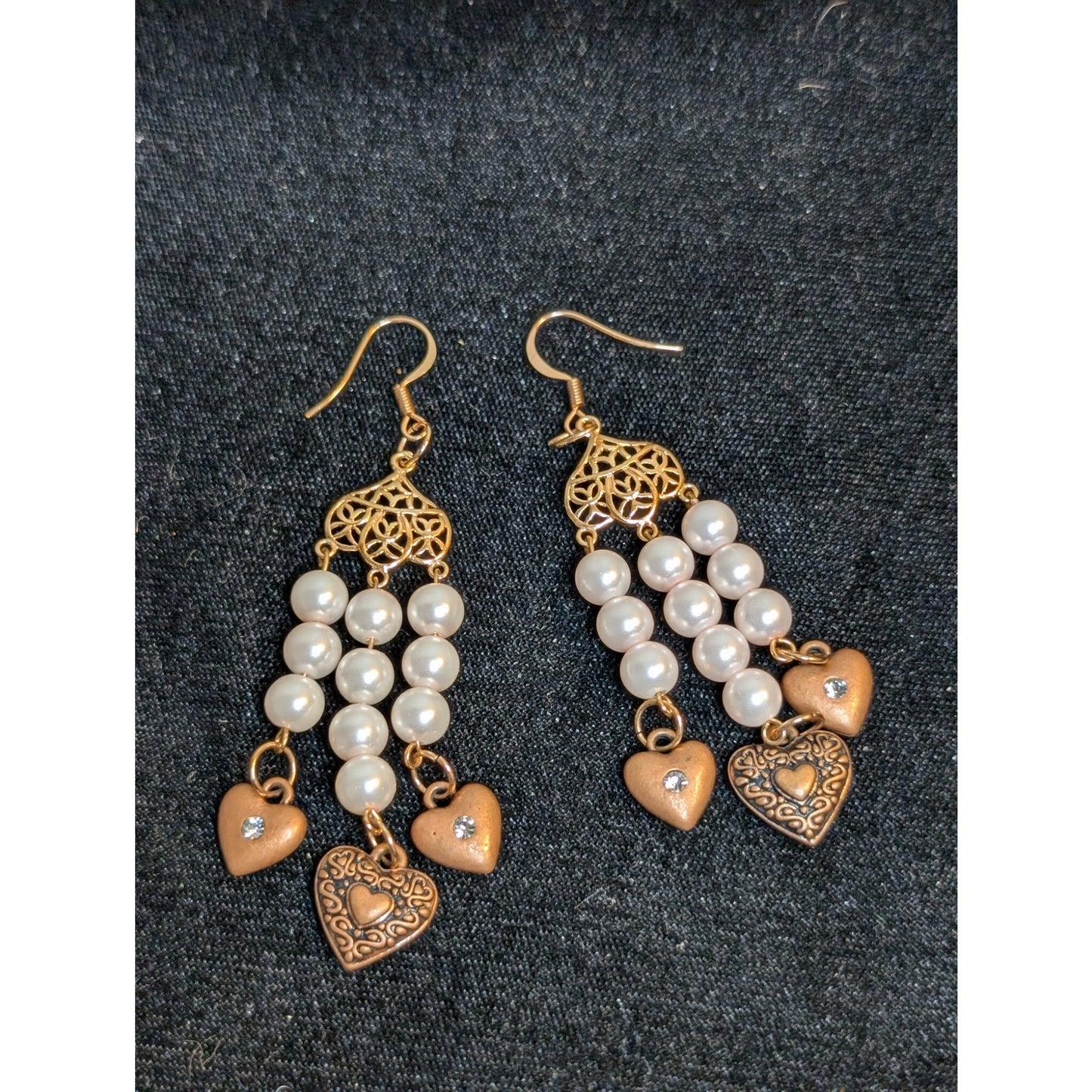 Rose Tone Triple Pearl Strand Dangle Hearts Earrings
