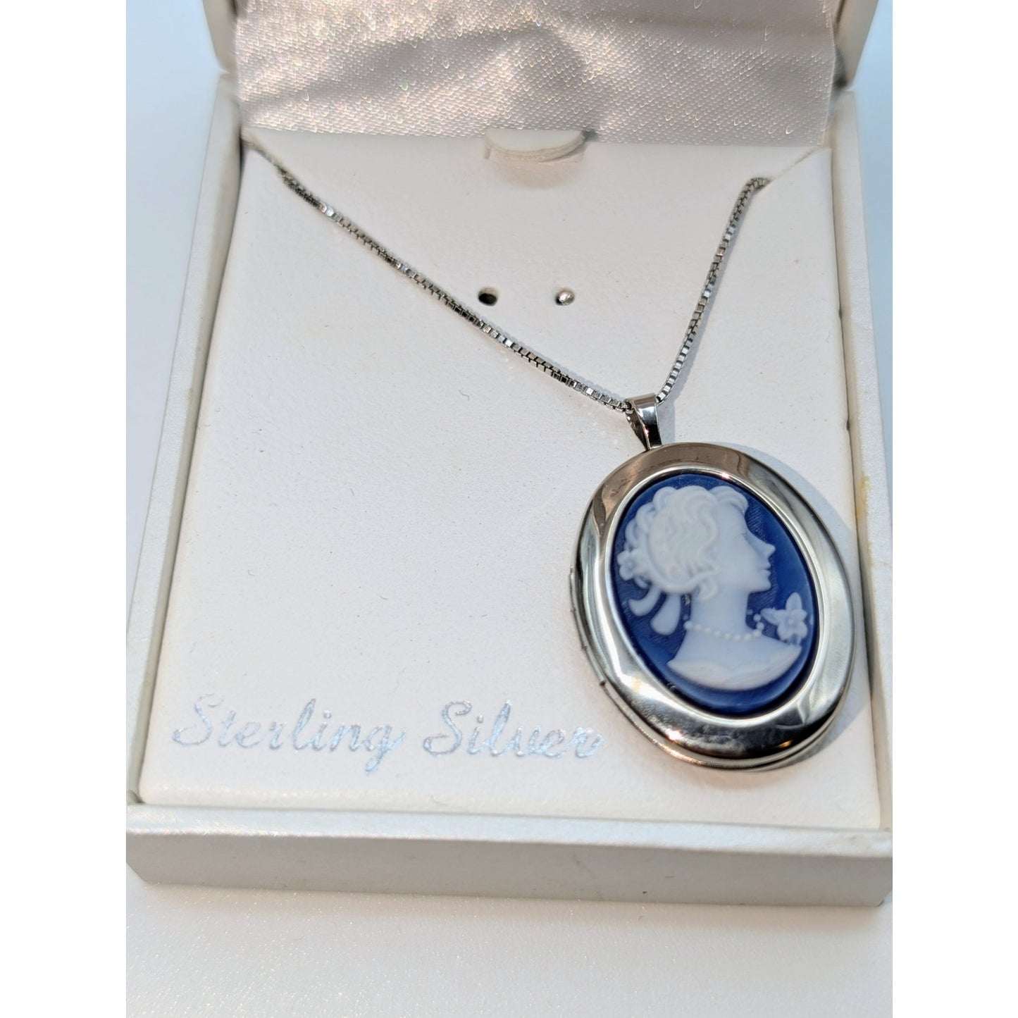Treasured Moments Sterling Silver Blue Resin Cameo Locket Pendant Chain Necklace