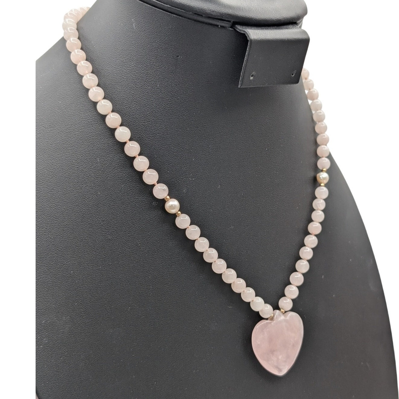 NEEDS RESTRUNG--14K Gold Hong Kong Pink Jadeite Heart Quartz Bead Necklace