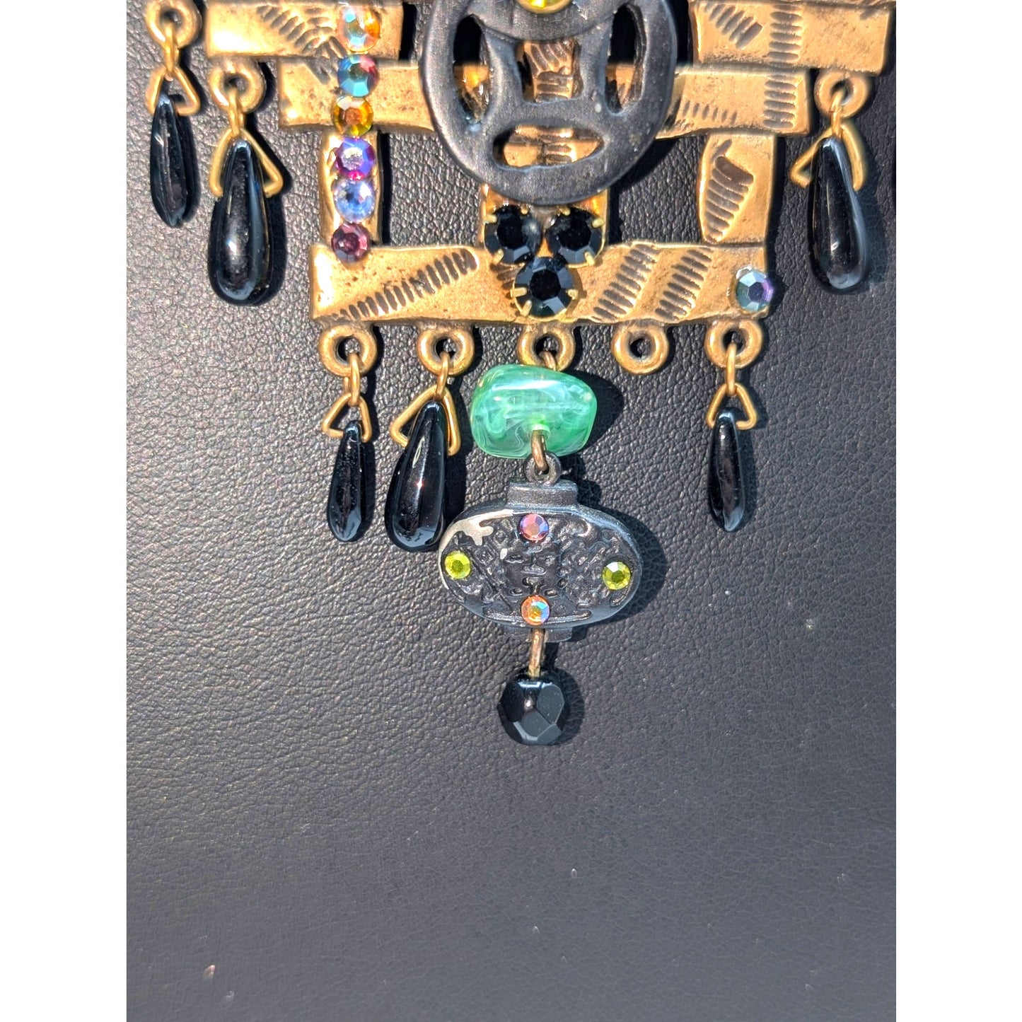 Chico's Antiqued Gold Rhinestone Dangle Double Leather Corded 30" Necklace