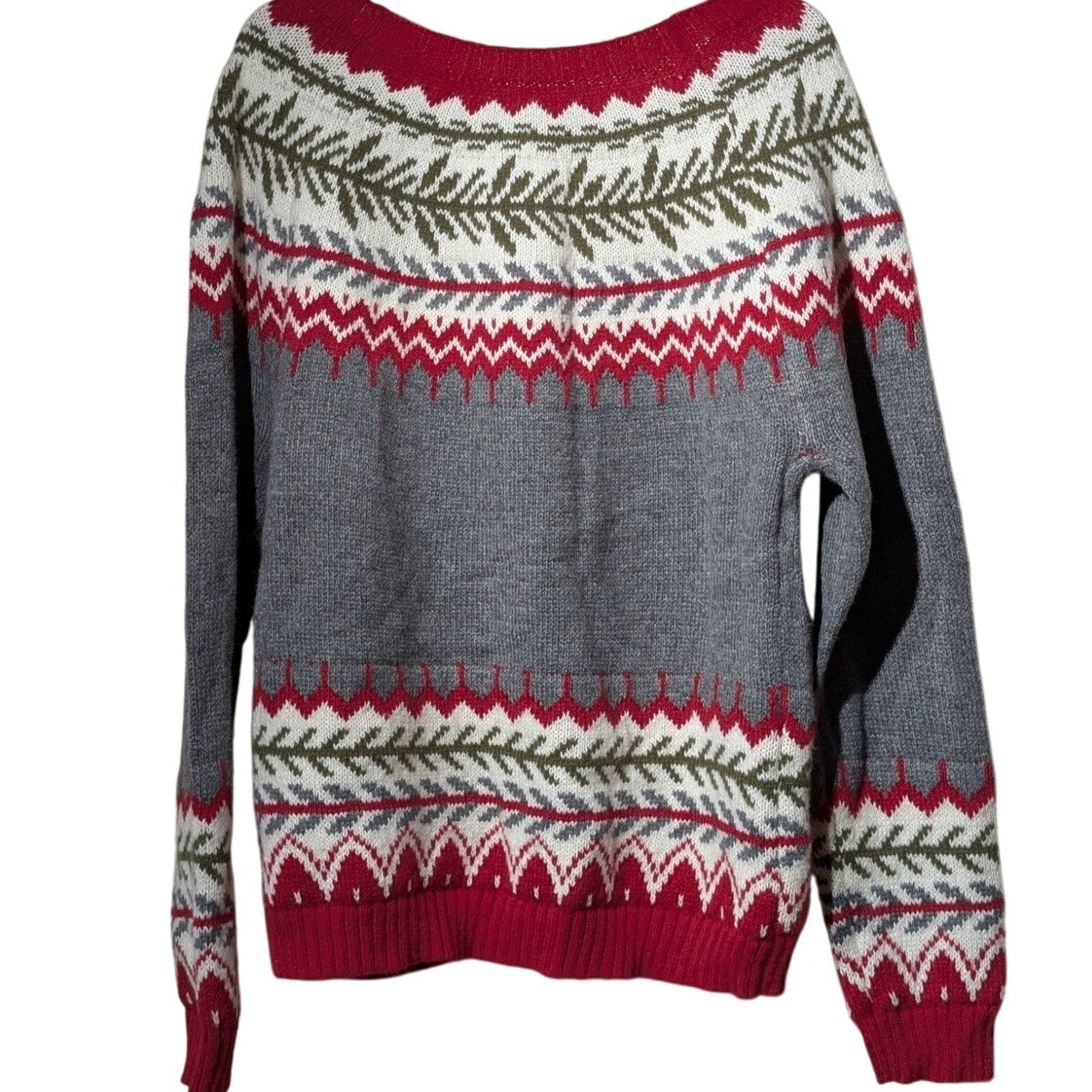 Islandic Fair Isle Gray Red Green Cream Faux Pearl Button Cardigan Womens Sz M