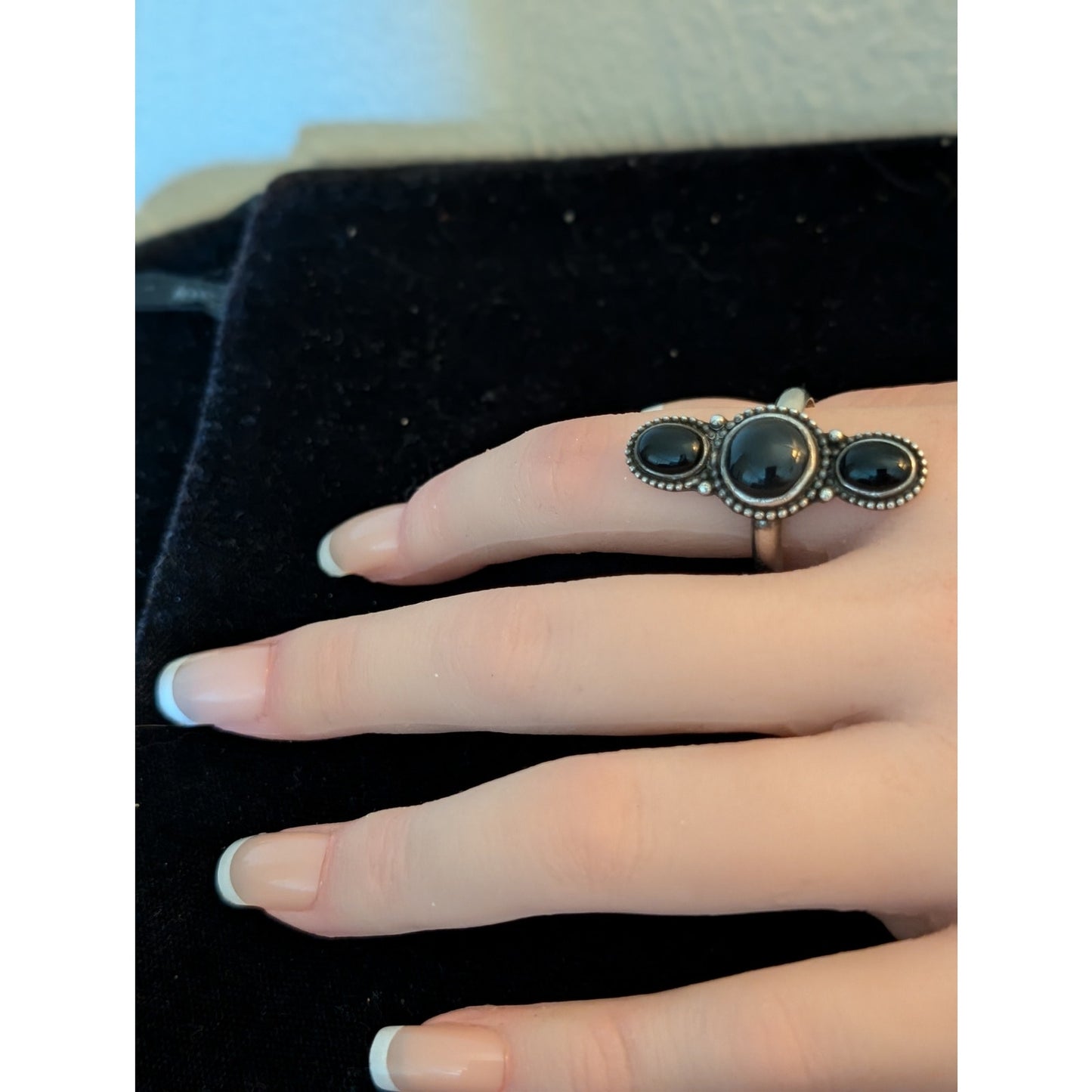 Vintage Signed Navajo 925 Sterling Silver Three Black Onyx Stone Ring Size 9.25