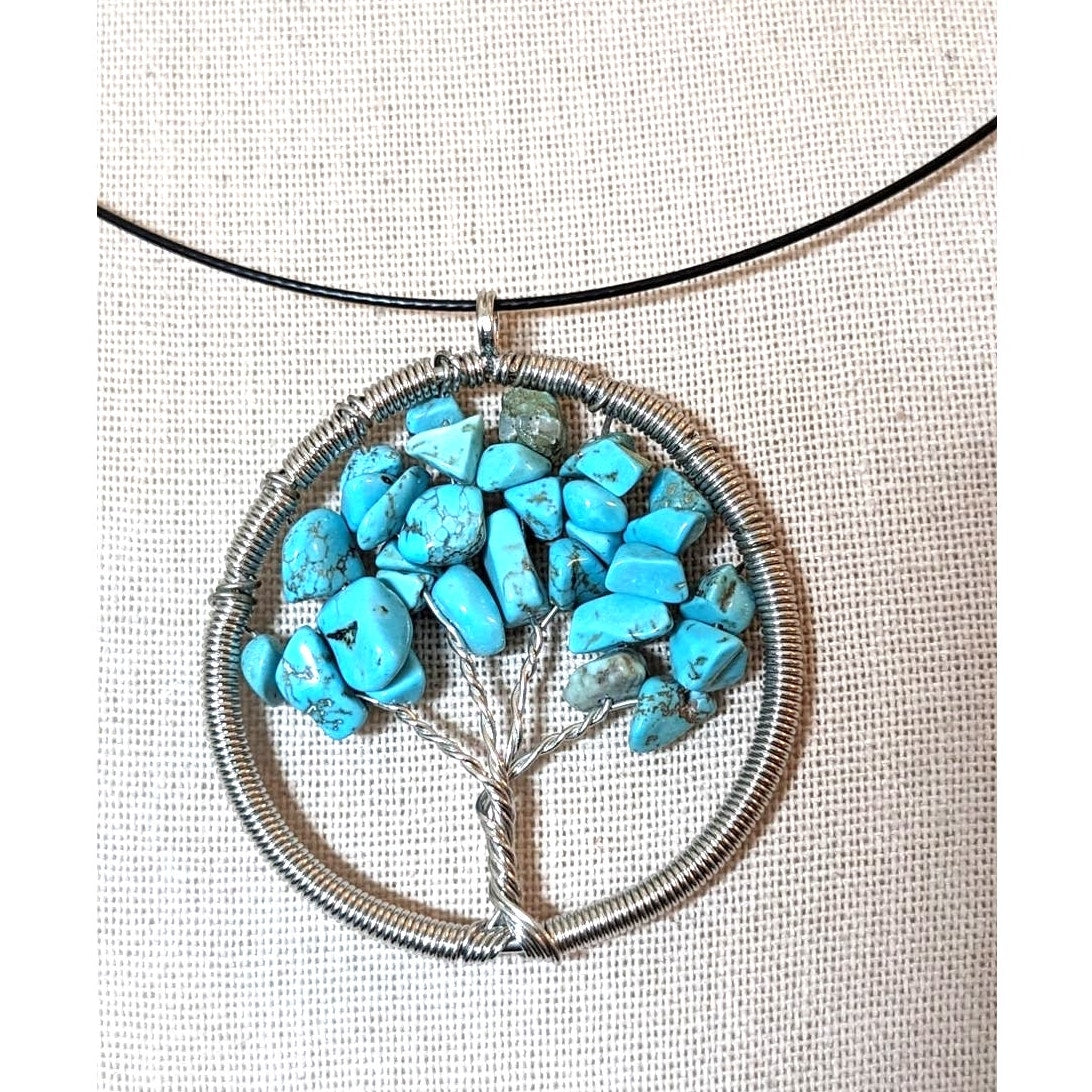 Blue Stone Chip Wire Wrapped Pendant Tree of Life on Black Choker Cable