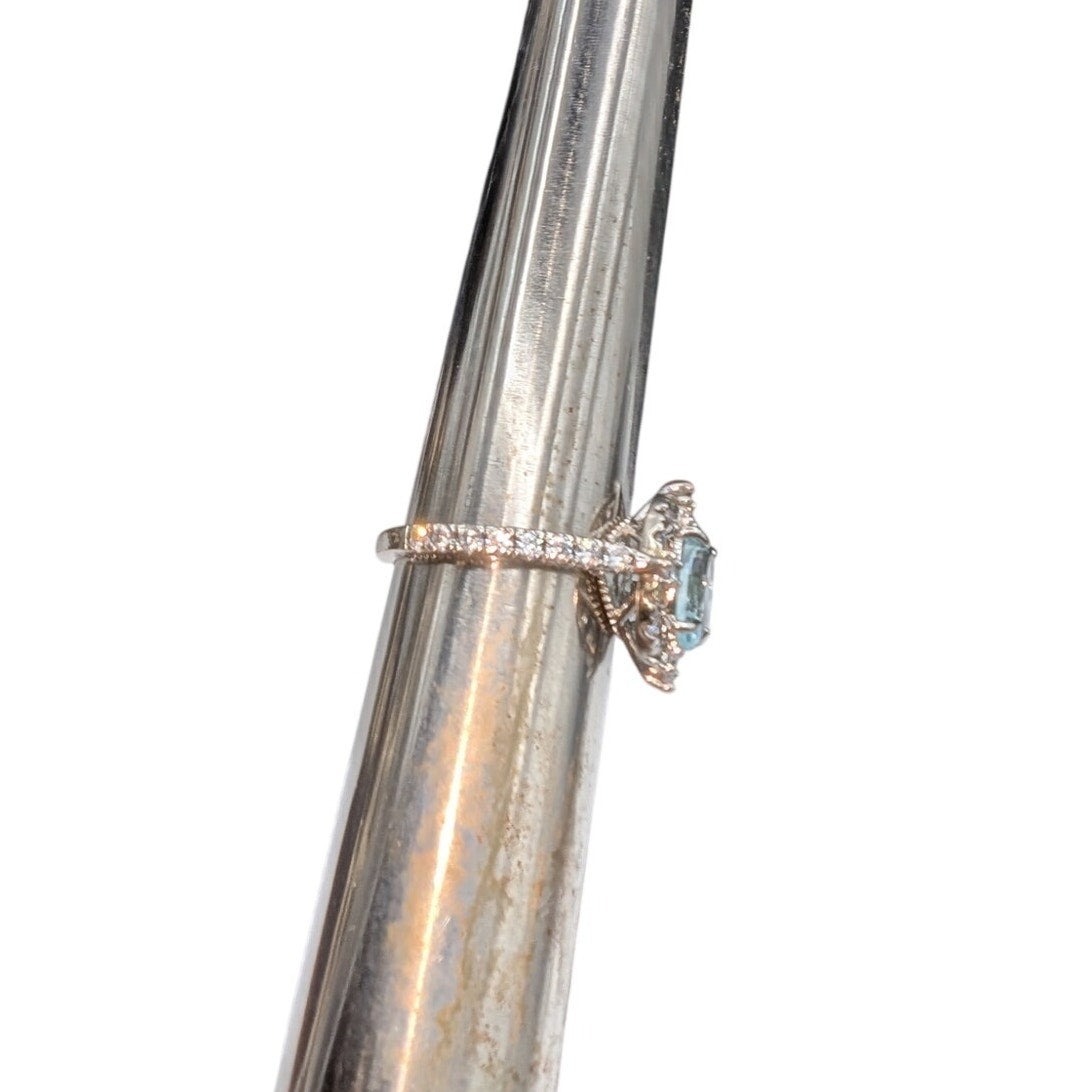 Home Party Light Blue Center Stone & Clear Halo CZ Silver Tone Ring Sz 9