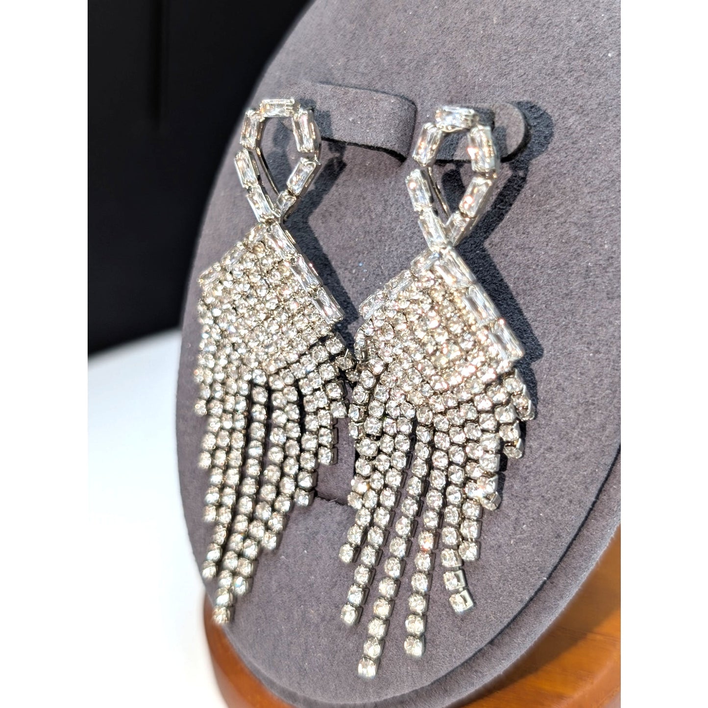 Rhinestone Fringe Dangle Round & Baguette Pierced Earrings