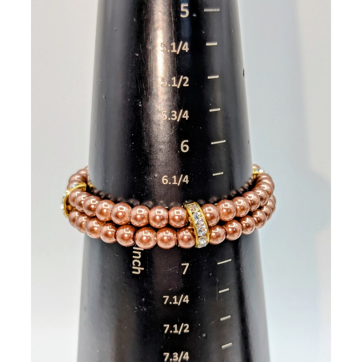 Double Strand Copper Faux Pearl Rhinestone Station Stretch Bracelet