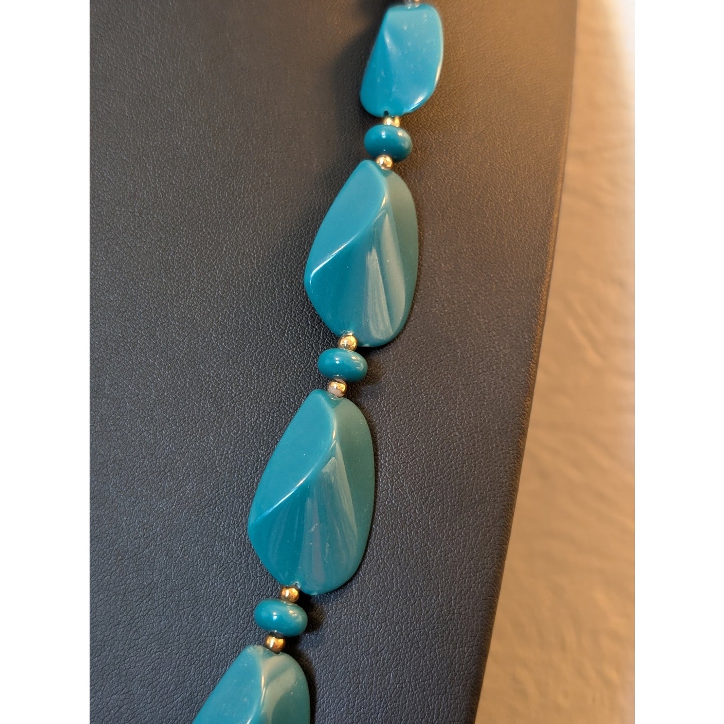 Vintage Teal Acrylic Bead Long Necklace W/ Fold Over Clasp