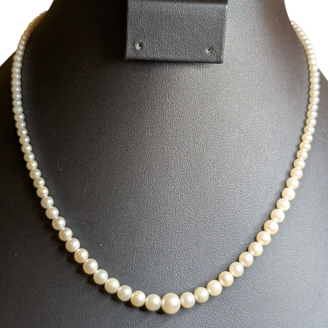 Vintage Sterling Graduated Genuine Tiny Pearl Single Strand Unknotted Necklace