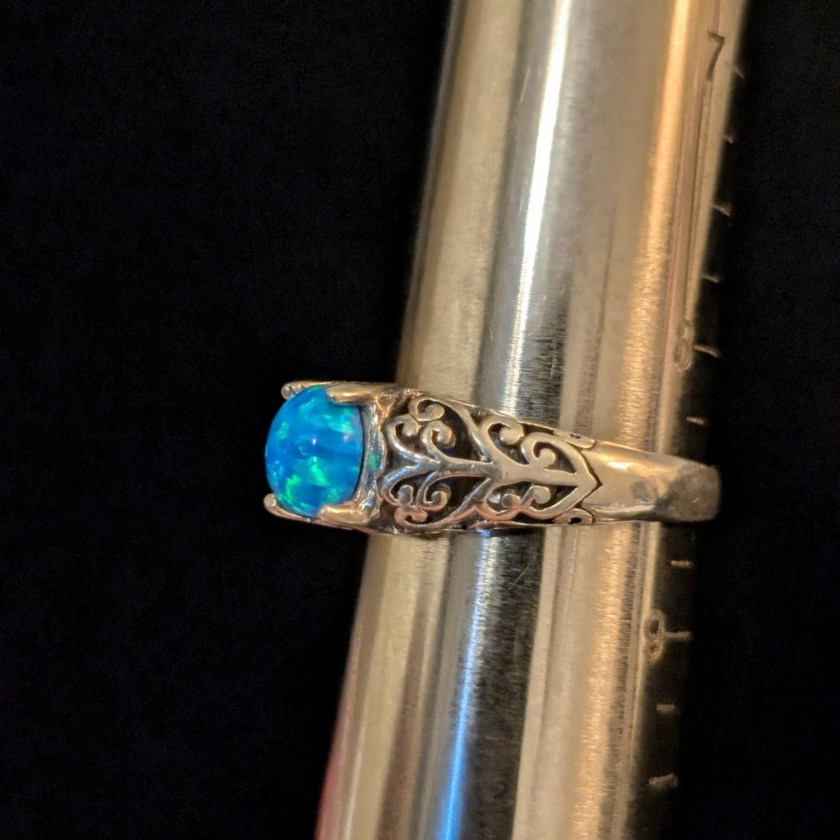Brilliant Blue Opal Filigree 925 Sterling Silver MF Ring Size 8.5