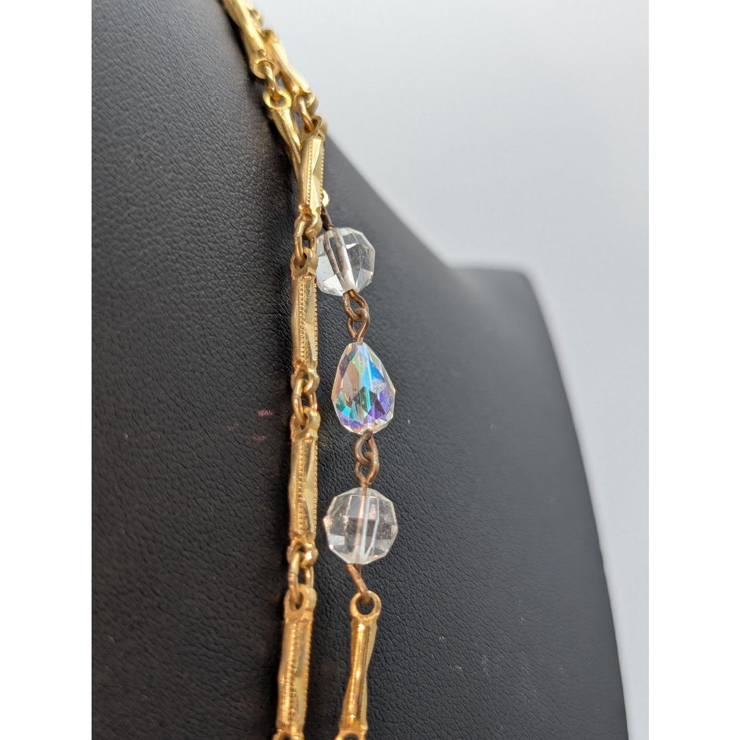 Vintage Glass Crystal Gold Tone Textured Chain Link 48" Long Strand Necklace