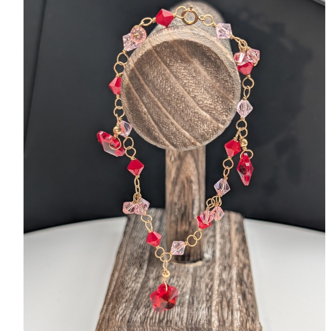 Vintage 14K Gold Filled Gold Chain Pink & Red Crystal Bead Dangle Bracelet