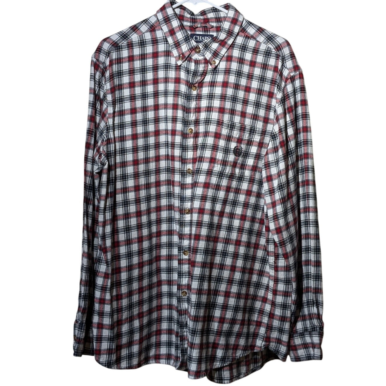 Chaps Brushed Flannel Cotton White Navy Red Plaid Button Up Shirt Mens Sz XL