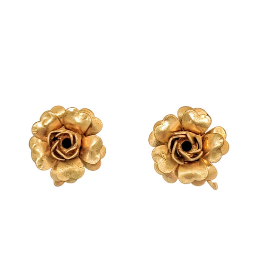 Vintage Gold Tone Floral Rose Screw Back Earrings