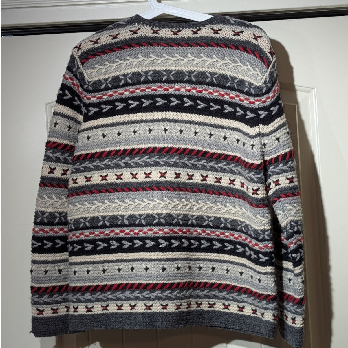 Talbot's Hand Knit 100% Wool Gray Cream Red Black Button Cardigan Sweater Sz MP