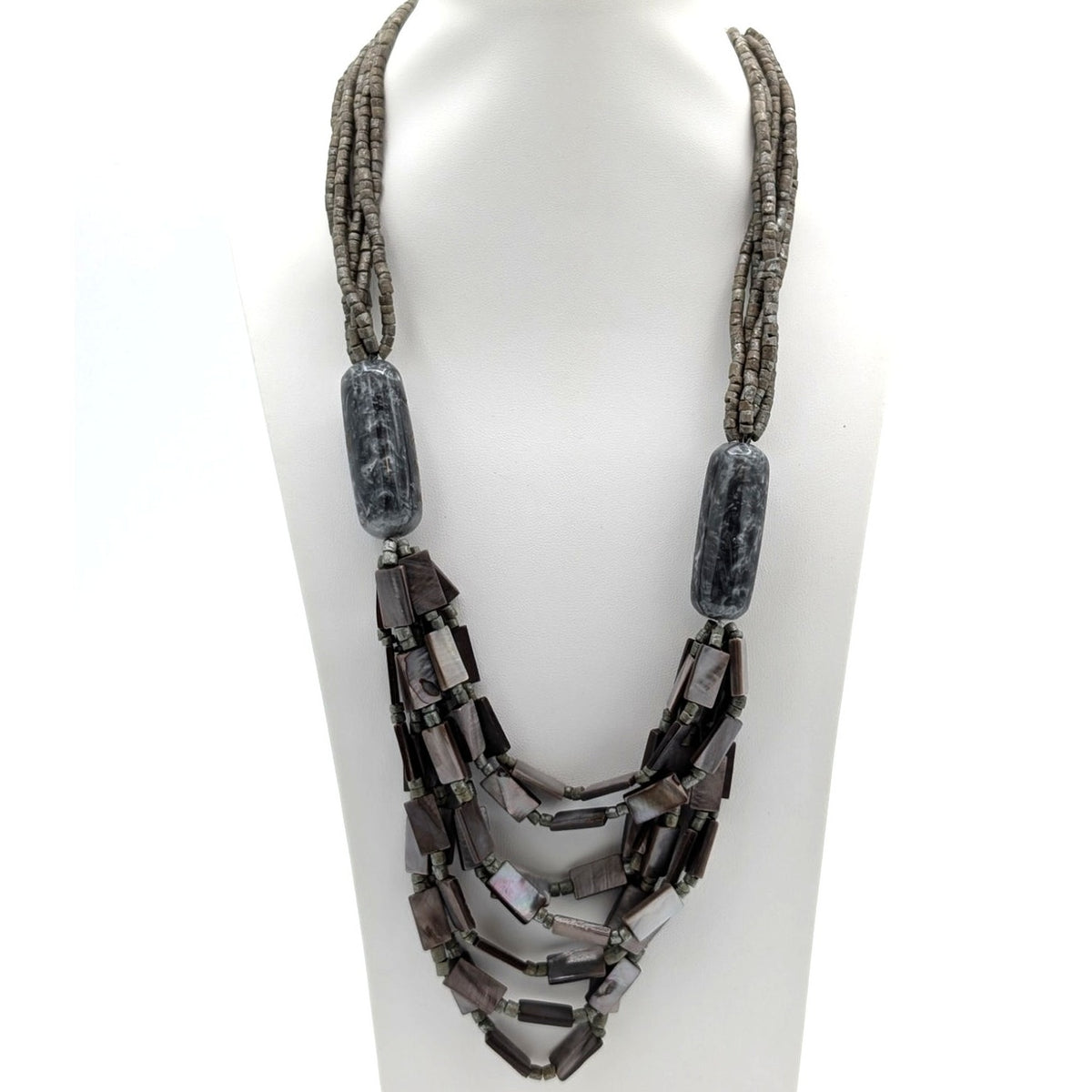 Gray Multi Strand Glass Shell & Acrylic Bead 24" Statement Necklace