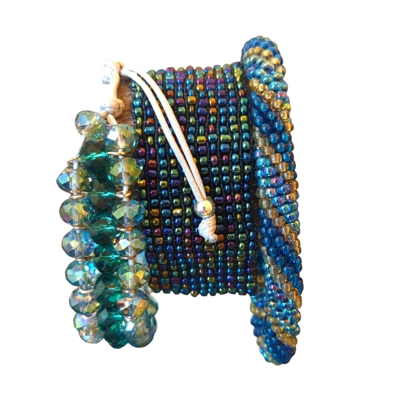 Lot of Three Blue/Green Glass/Crystal Bead Bracelets