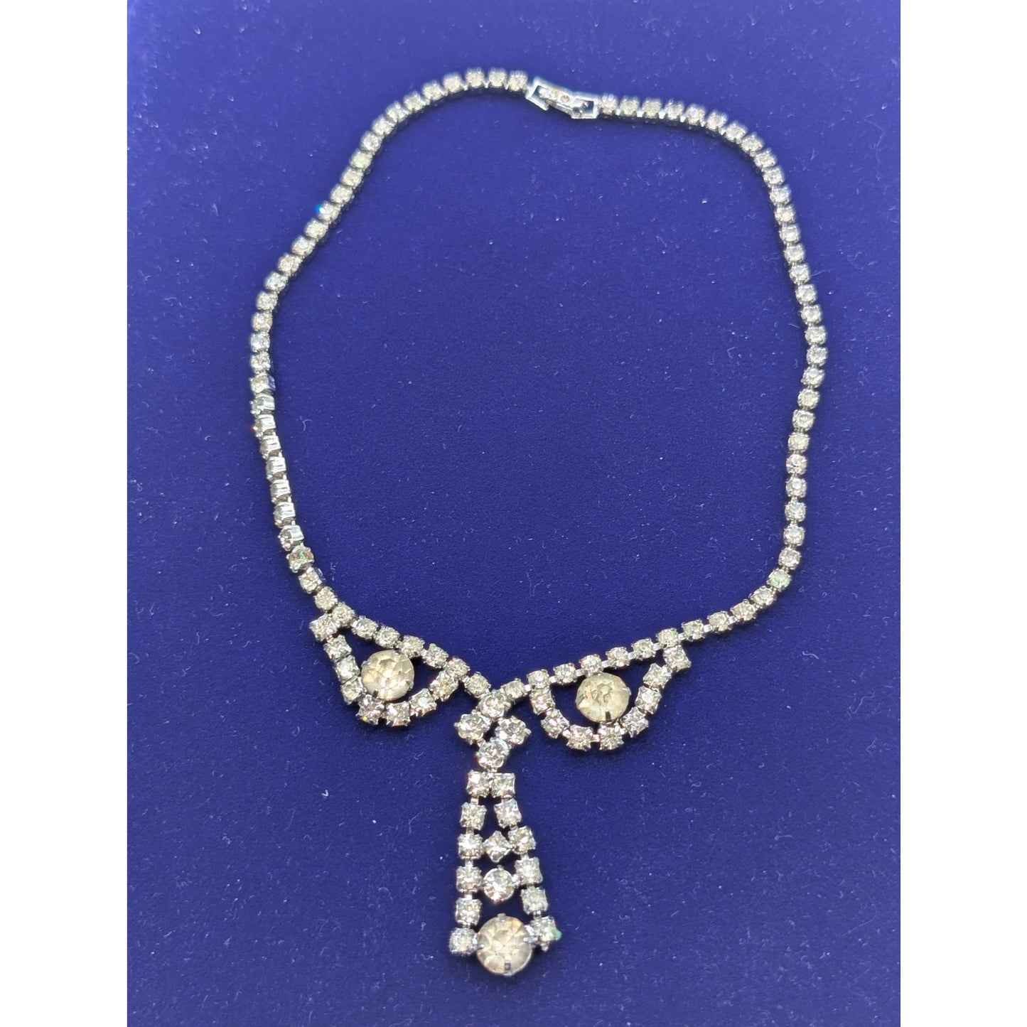 Vintage Rhinestone Dangle Fold Over Clasp Silver Tone 14.75" Necklace