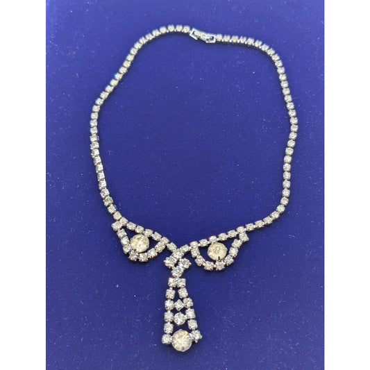 Vintage Rhinestone Dangle Fold Over Clasp Silver Tone 14.75" Necklace