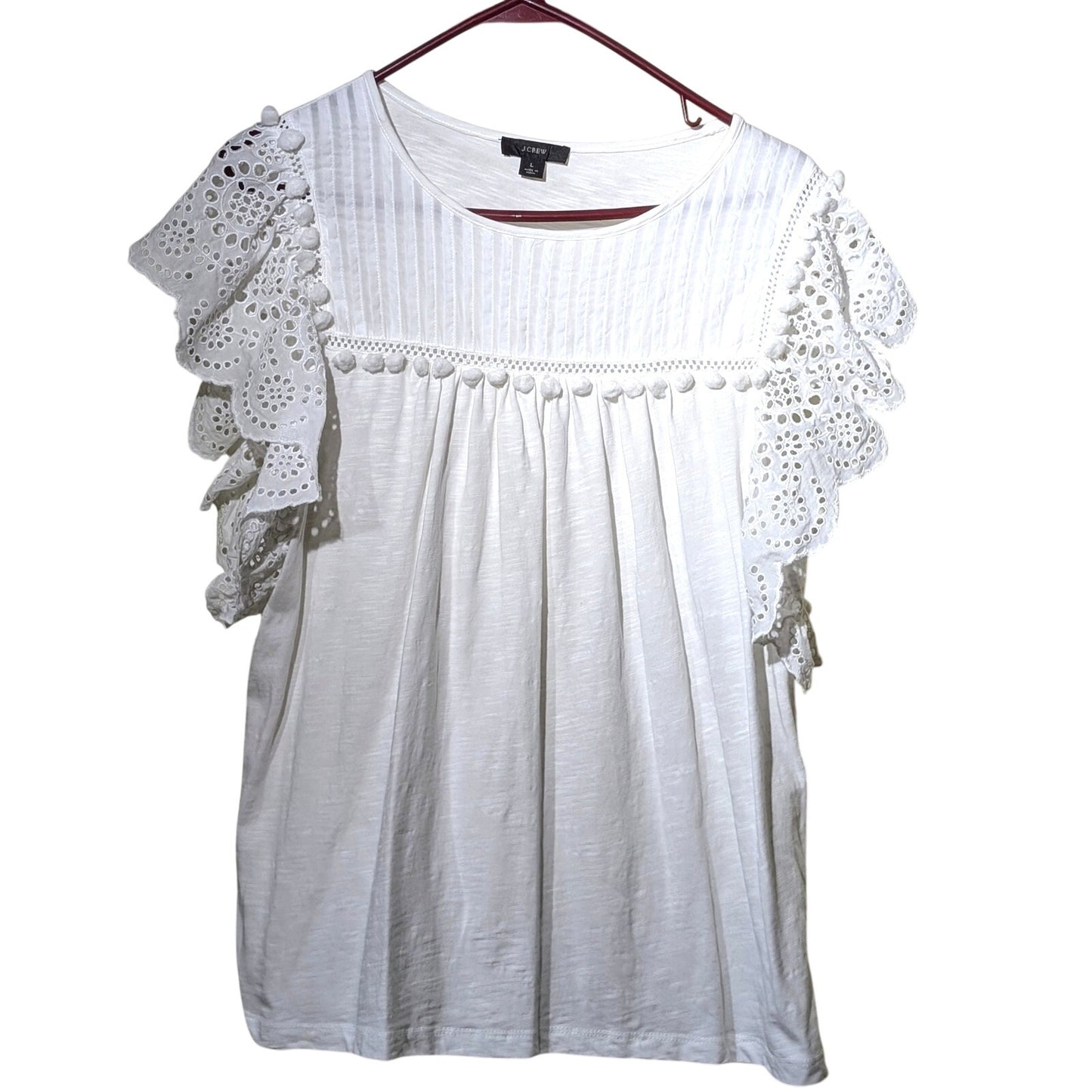 J. Crew White Flutter Eyelet Lace Pom Pom Knit Top Womens Size L