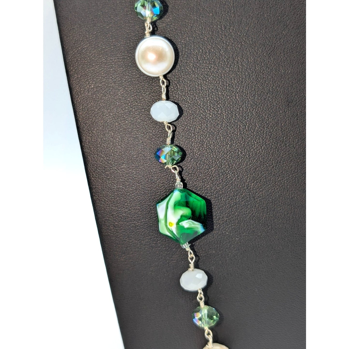 925 Sterling Silver Green White Swirl Glass Genuine Pearl Crystal 34" Necklace