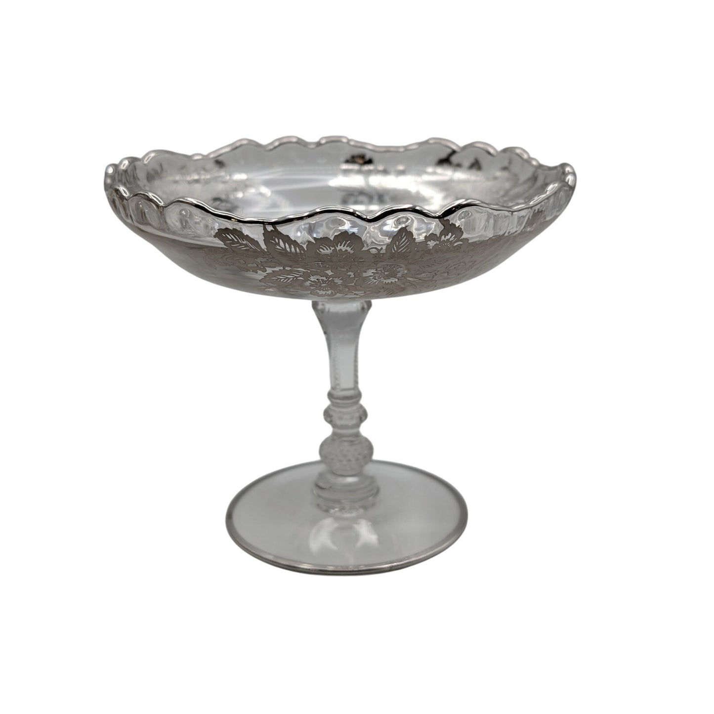 Vintage Clear Glass Compote W/ Silver Overlay Floral Design