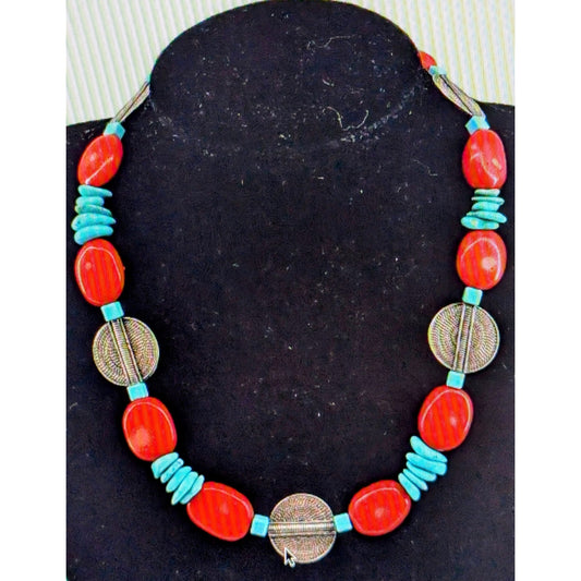 925 Sterling Sliver Modern Southwestern 16" Necklace w/ Coral & Turquoise 50.5g