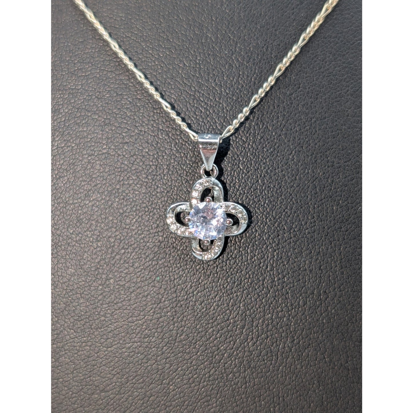 925 Sterling Silver CZ Pendant 18" Figaro Chain Necklace