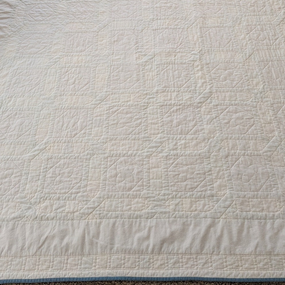 Vintage 84" X 102" Teal Blue & Mauve Cotton Hand Stitched Quilt