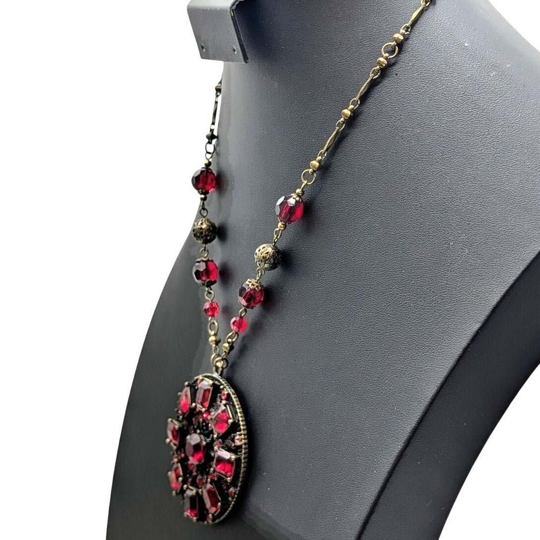 Antiqued Bronze Metal & Red Crystal Medallion Pendant Chain 16.5"-19" Necklace