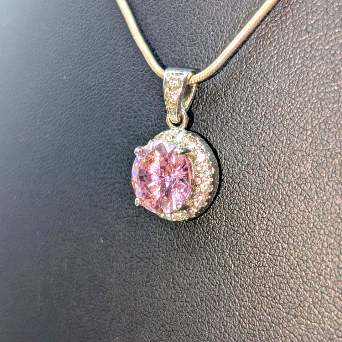 925 Sterling Silver Pink & White CZ Pendant Snake 16" Chain Necklace