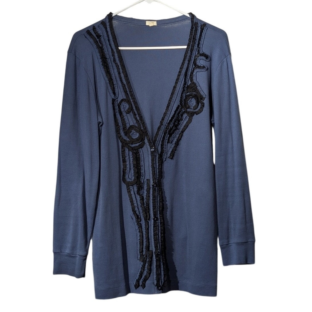 J. Crew Dusty Blue Black Silk Ruffled Ribbon Detail Long Sleeve Cardigan Sz L