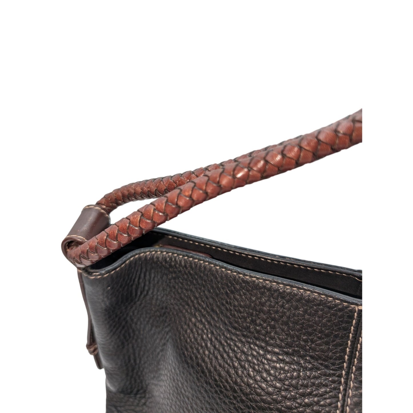 Vintage Fossil Black Brown Pebbled Leather Braided Handle Shoulder Bag
