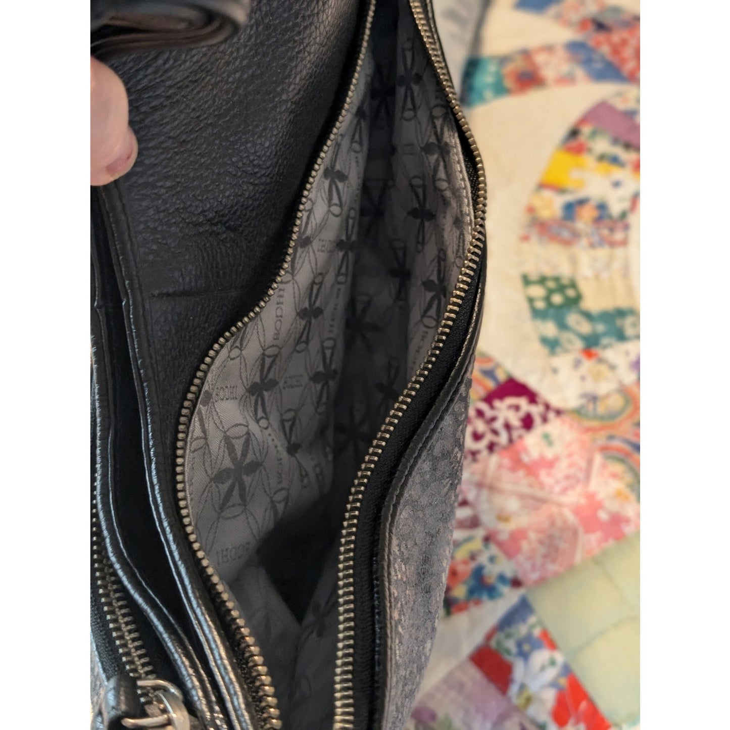 BODHI Black Leather Silver Subtle Metallic Leopard Hobo Bag