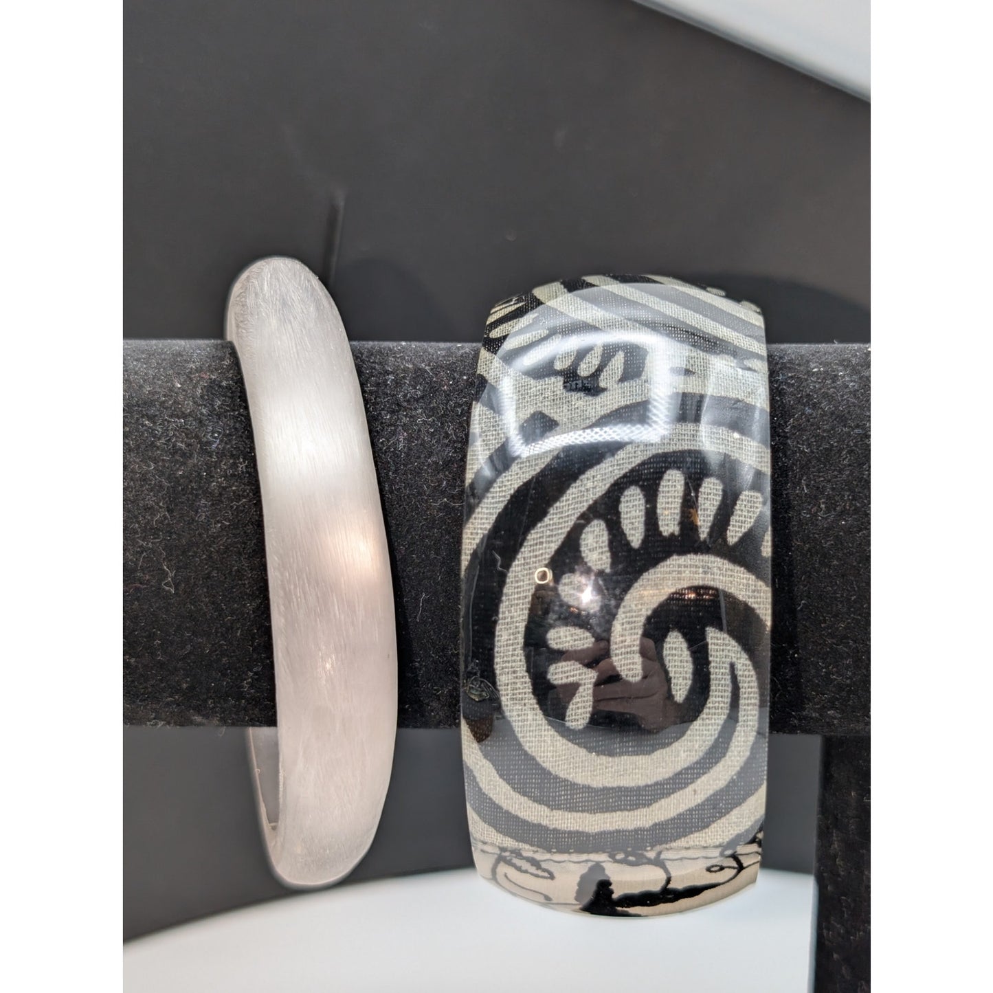 Lot of Two Vintage Black & Frosty White/Silver Bangle Lucite Bracelets