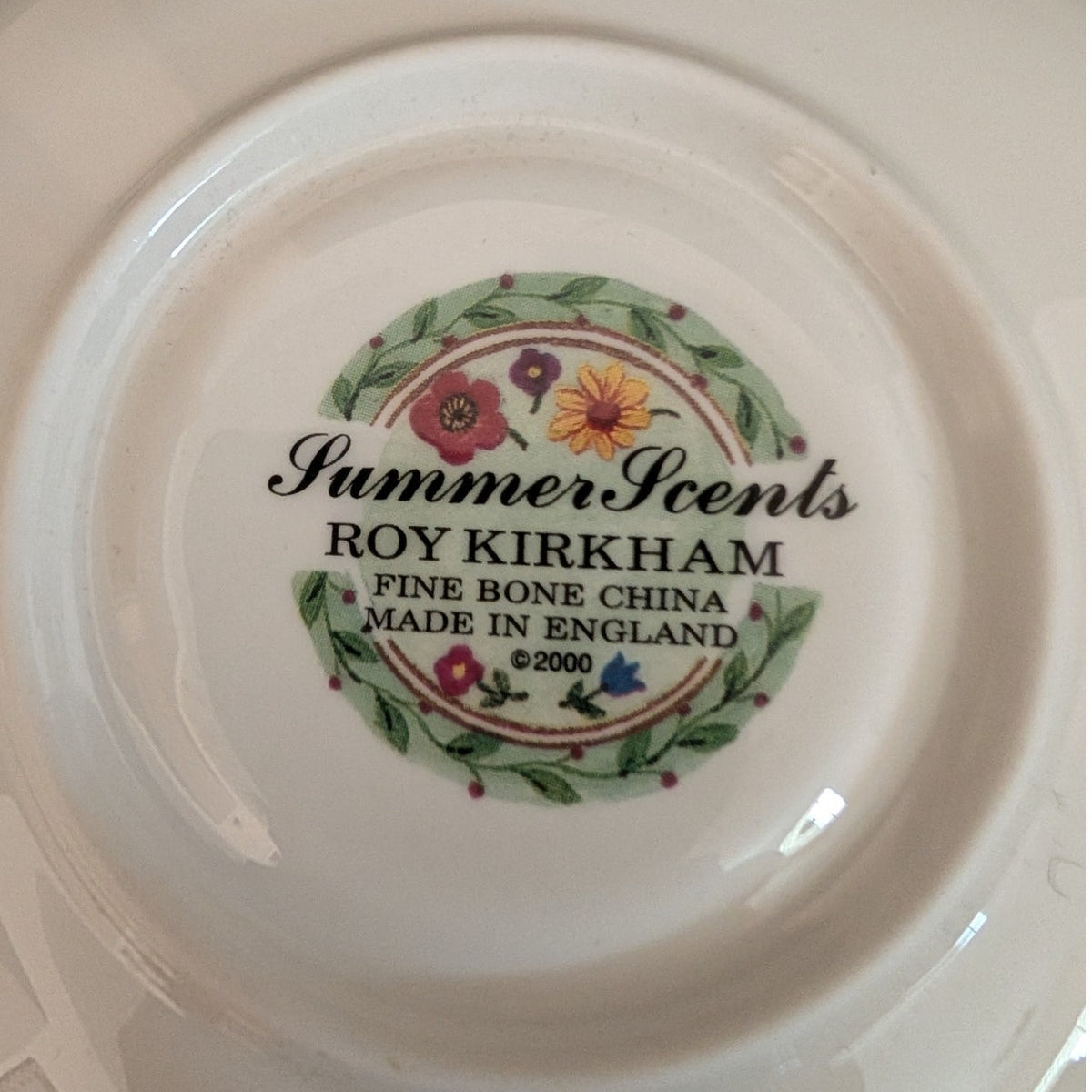 Vtg Roy Kirkham Bone China Summer Scents 2000 14 oz Breakfast Mug Saucer Set