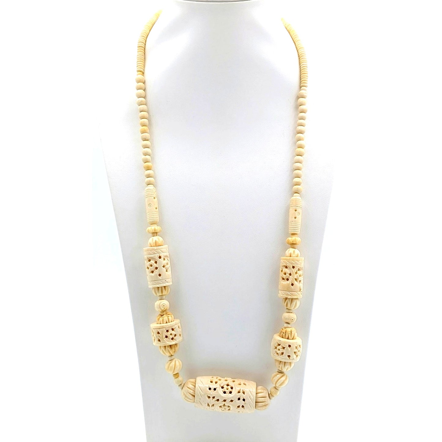 Antique Cream Hand Carved Pierced Bead Barrel Clasp 26" Necklace